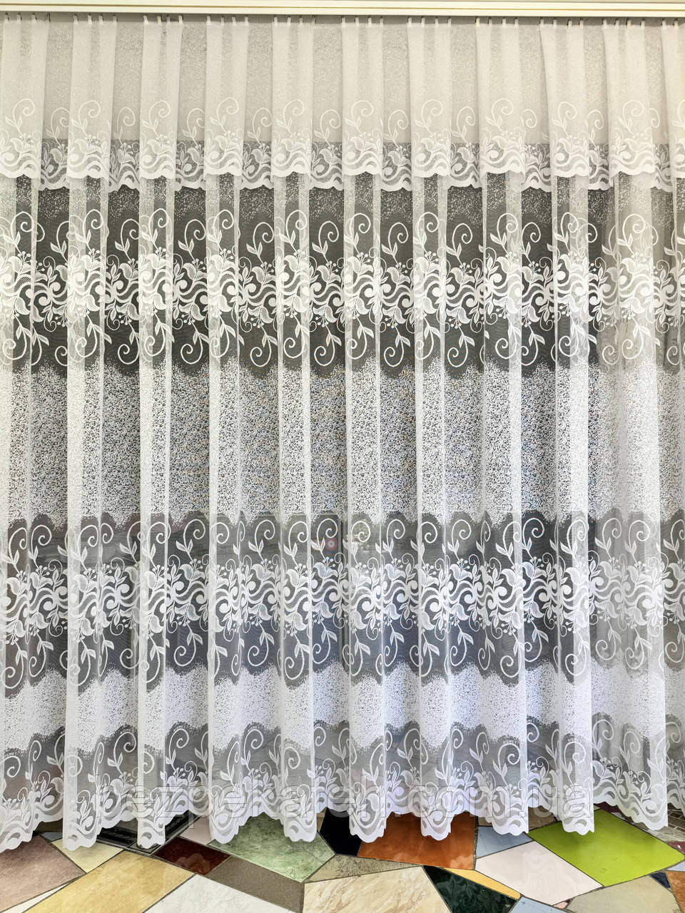 Красива біла турецька жакардова тюль із ламбрекеном у зал, спальню, вітальню, фото 1