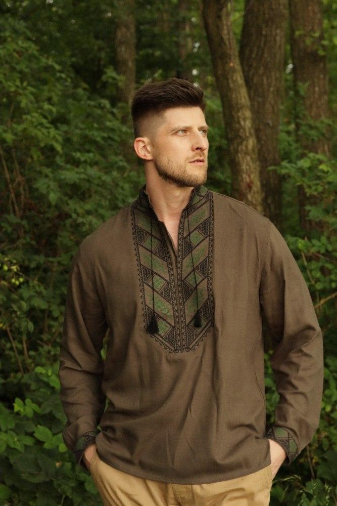 Вишиванка чоловіча "Михайло" на льоні кольору Хакі, фото 1
