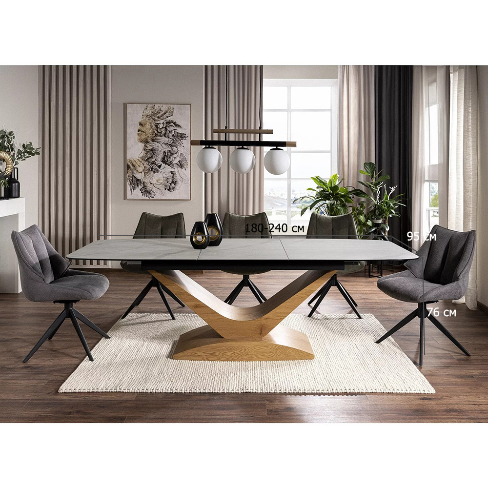 Комплект обідній стіл Dolce під білий мармур із 5 поворотними тканинними стільцями темно-сірого кольору, фото 1