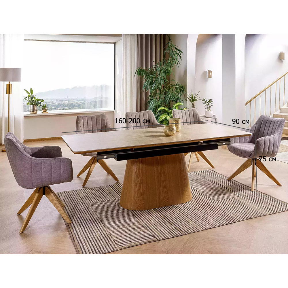 Комплект обідній стіл та 5 стільців Monaco 160-200х90 см дуб з поворотними тканинними стільцями, фото 1