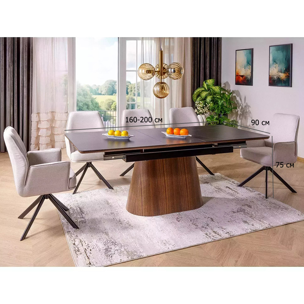 Комплект обідній стіл та 5 стільців Monaco 160-200х90 см горіх з поворотними тканинними стільцями, фото 1