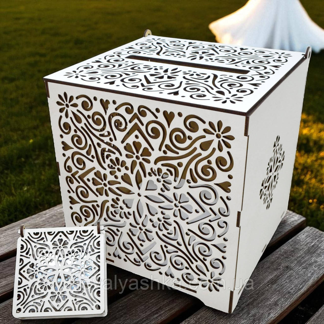 Весільний Комплект Скарбничка "Аутентичний" + Коробочка для Обручок Набір Весілля Скриня для Грошей і Конвертів, Підставка Кілець