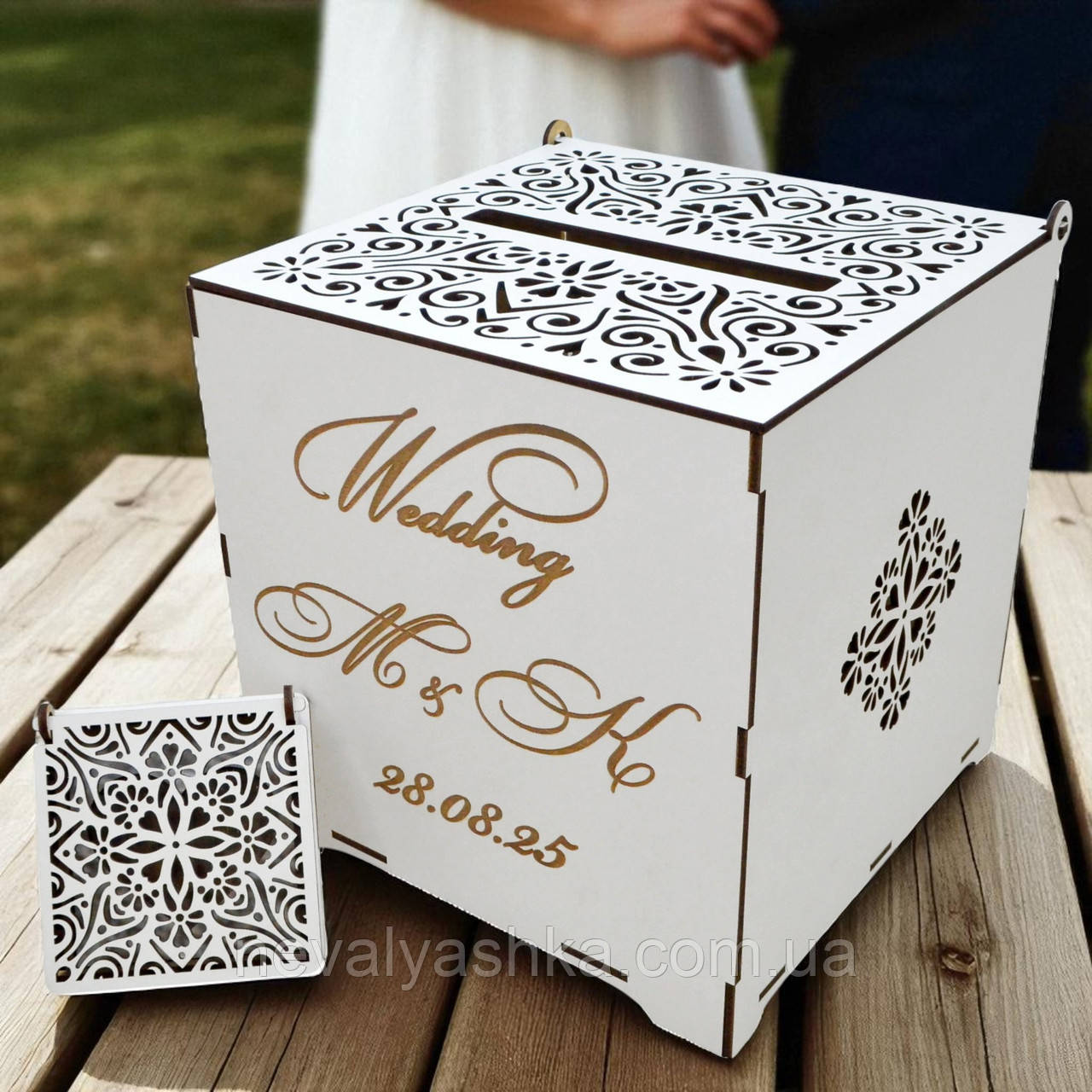 Весільний Комплект Скарбничка "Іменна" + Коробочка для Обручок Набір Весілля Скриня для Грошей і Конвертів, Підставка Кілець