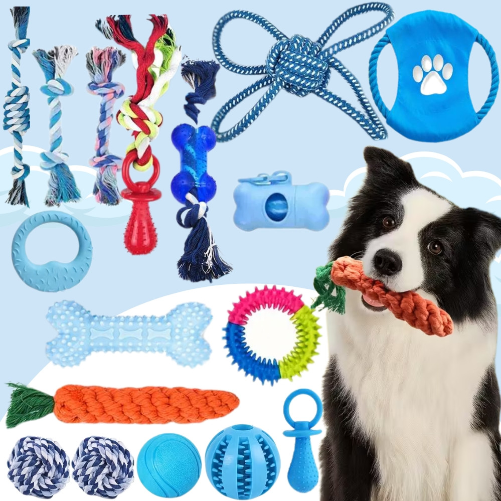 Набір іграшок для собак розвиваючі 17в1 Канат з м'ячем жувальні іграшки для цуценят дрібних і великих порід, фото 1