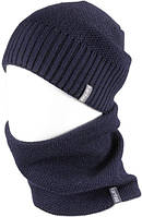 Зимовий чоловічий комплект шапка + снуд-баф темно-синій, утеплений на флісі, в'язаний, універсальний One Size