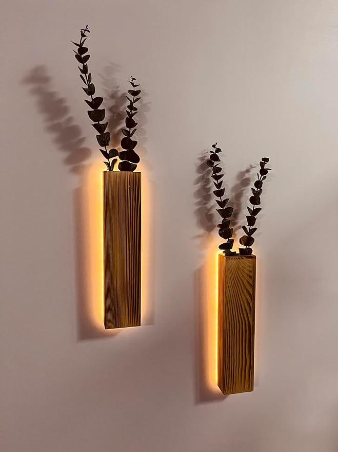 Набір з 2 настінних дерев'яних кашпо з LED підсвіткою на батарейках з штучними рослинами, фото 1