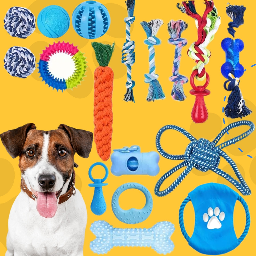 Набір іграшок для собак 17в1 Канат з м'ячем Розвиваючі жувальні іграшки для цуценят дрібних і великих порід, фото 1
