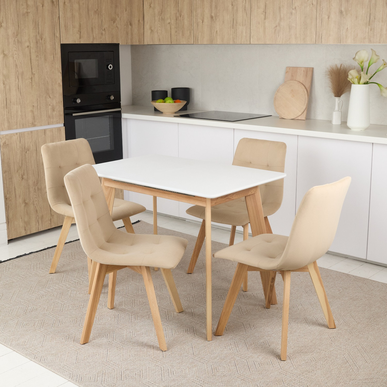 Кухонний комплект Onto Алонзо 100 білий розсувний стіл + 4 стільця Даріо бежевые