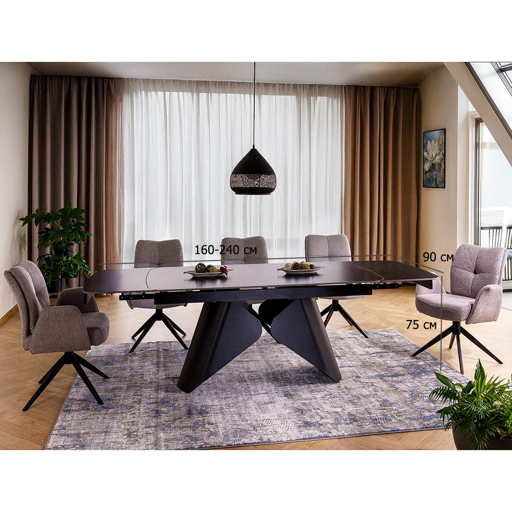 Стіл обідній комплект Armando 160-240х90 см під білий мармур з 5 поворотними тканинними стільцями сірого кольору, фото 1