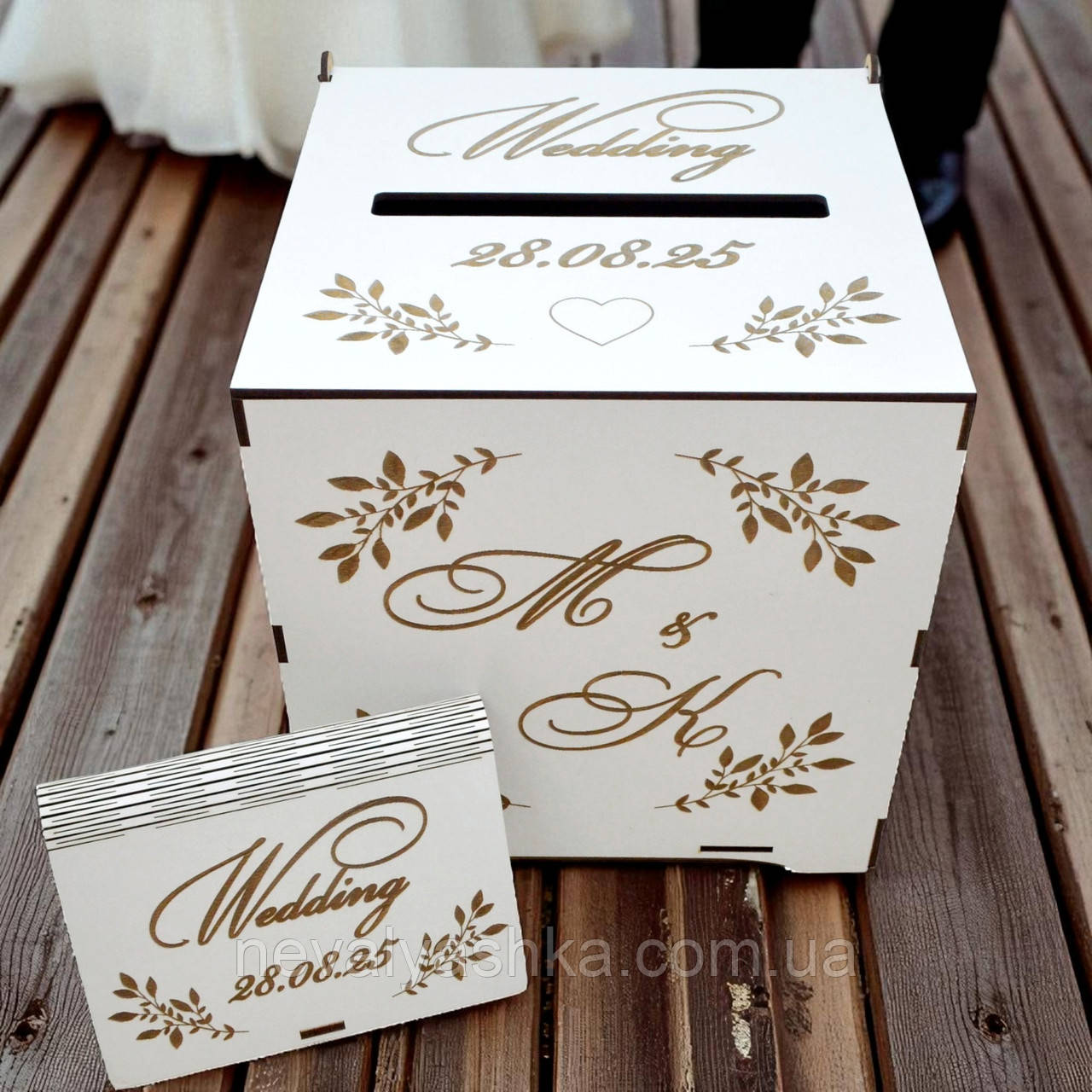 Весільний Комплект Скарбничка "Іменна ІН" + Коробочка для Обручок Набір Весілля Скриня для Грошей і Конвертів, Підставка Кілець