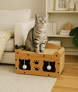 Будиночок для кішки 3 в 1: лежанка для кішки, кігтеточка, 56 см, виготовлений із картону та МДФ