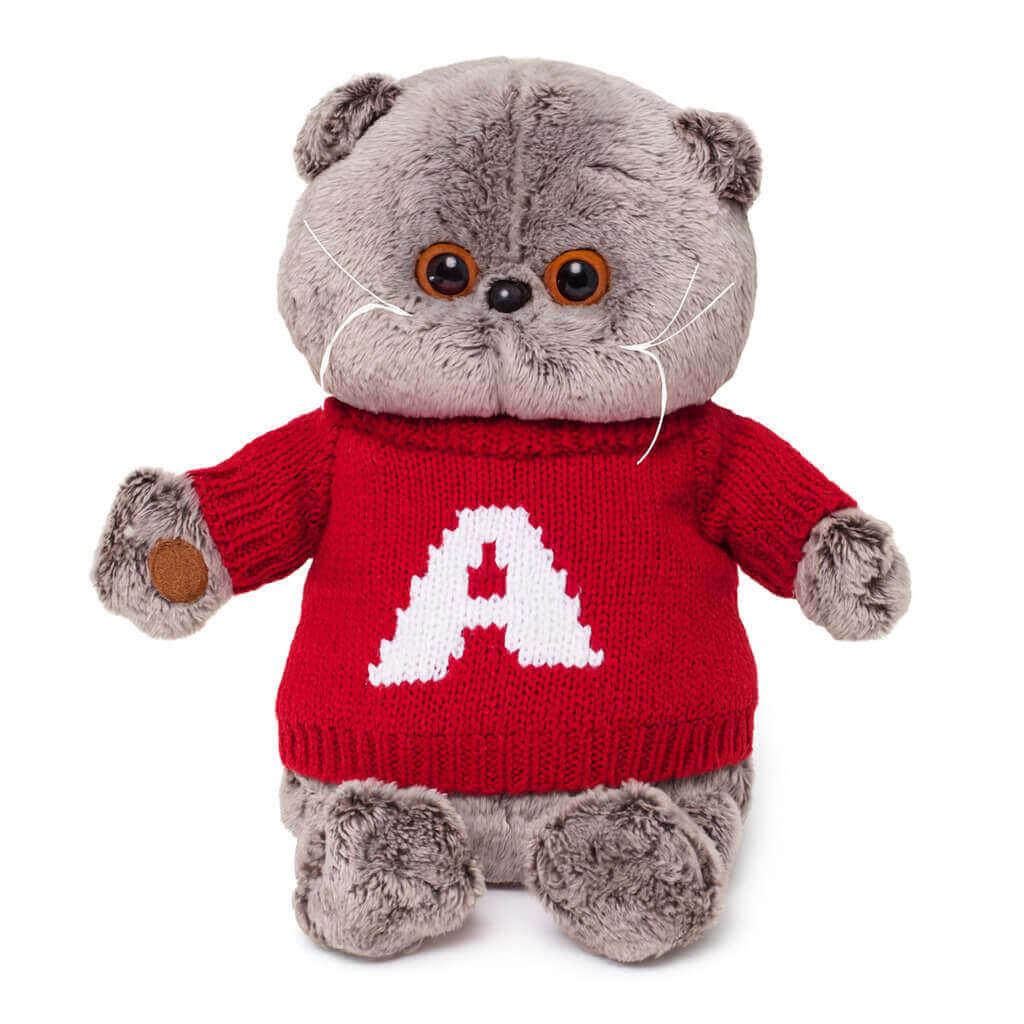 М'яка іграшка котик Басик 30 см M16177-6 в червоному светрі, фото 1