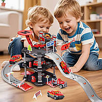 Багаторівневий трек парковка Пожежна станція іграшкове містечко для дітей 2 машини вертоліт 3 поверхи декорації