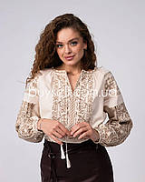 Жіноча блузка вишиванка з квітковим орнаментом хрестиком світло-бежева