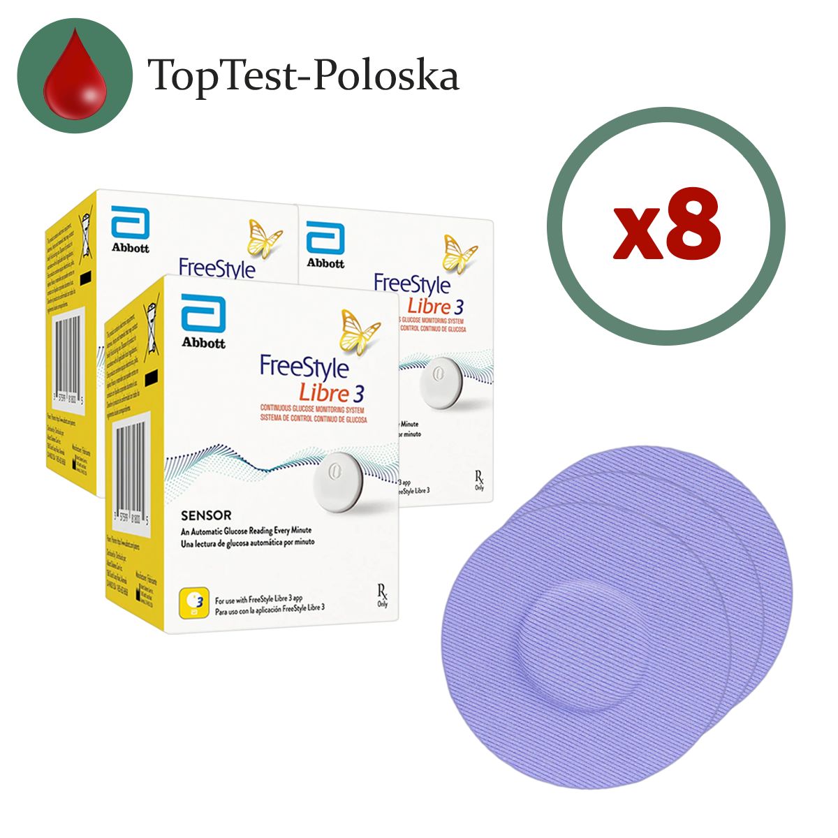Сенсор FreeStyle Libre 3 (Фристайл Лібре 3) 8 уп. і 8 кольорових тейпів у комплекті, фото 1