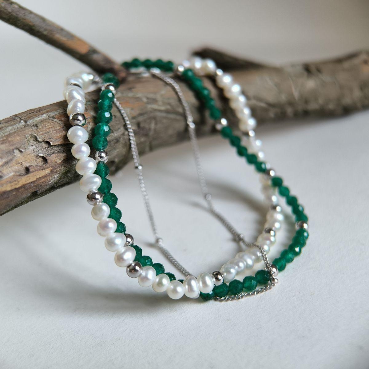 Срібний браслет Proba з натуральними перлами барочним, зеленим жадеїдом, вага виробу 6,93 г (2184966) 1821, фото 1