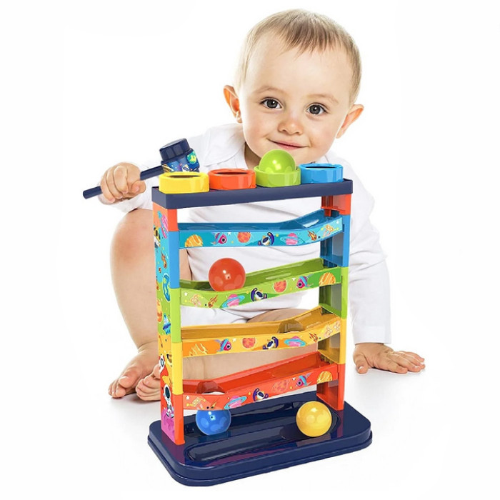 Яскрава стукалка лабіринт з брязкальцями молоточком наклейки Розвиваюча іграшка з 4 різнобарвними кульками малюку, фото 1