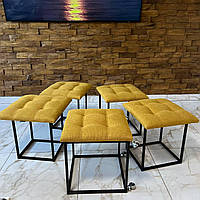 Пуф трансформер 5в1 із п'яти стільців із рогожки люкс кольору куркуми на чорному металевому каркасі