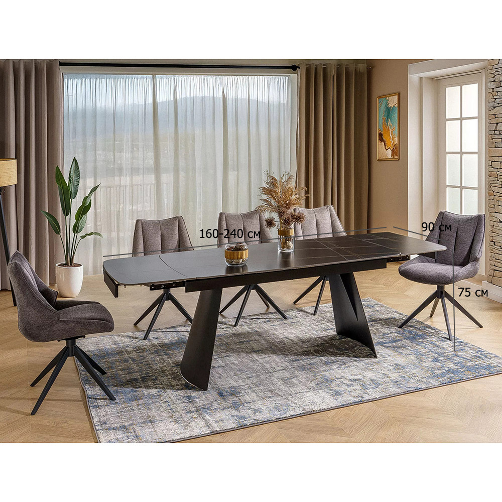 Стіл та стільці у вітальню Bacardi 160-240х90 см чорний матовий з 5 поворотними стільцями темно-сірого кольору, фото 1