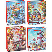 Подарунковий пакет новорічний "Сніговик на санках" асорті S 18x23x8см (12 шт.)