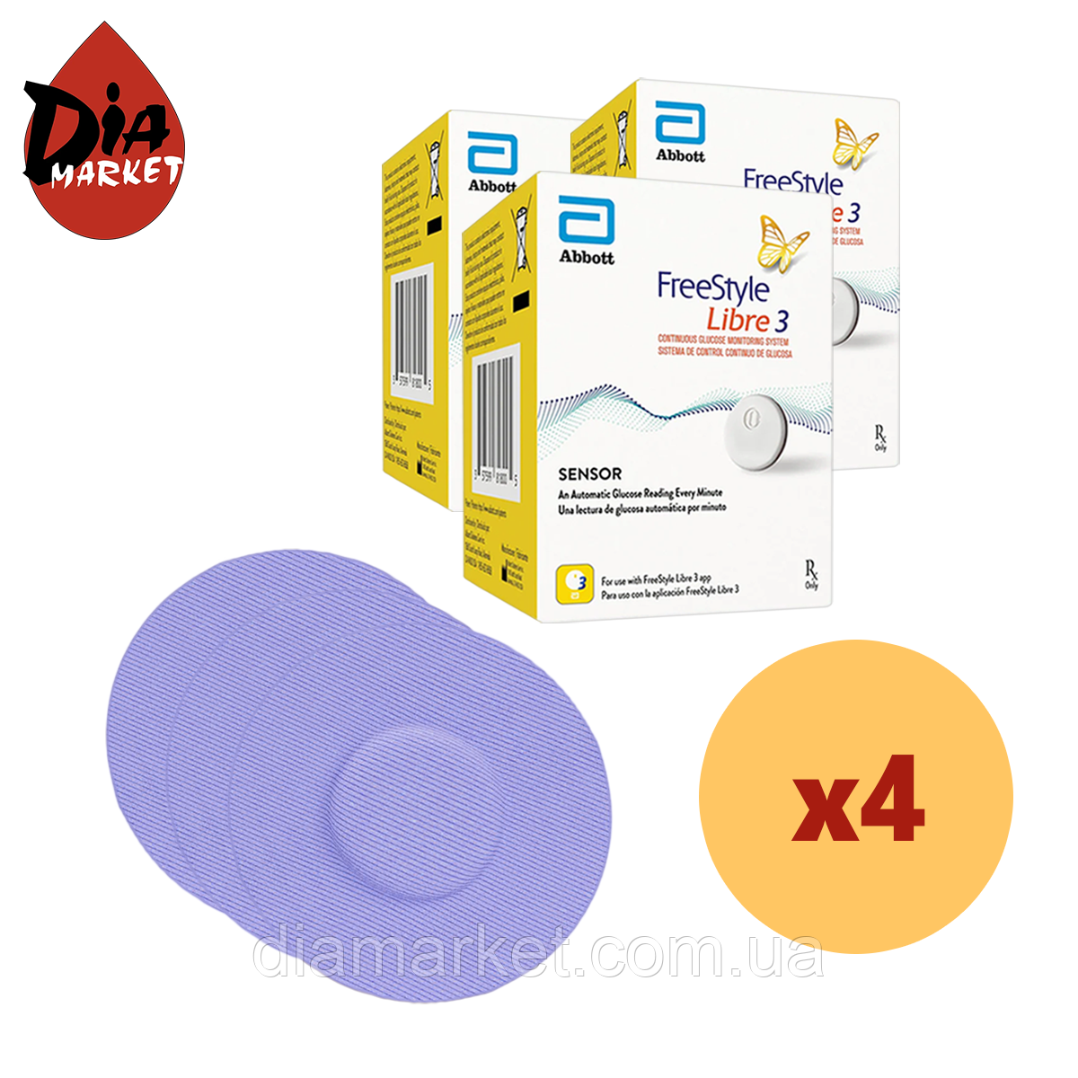 Сенсор FreeStyle Libre 3 (Фристайл Лібре 3) 4 уп. і 4 кольорові тейпи в комплекті, фото 1