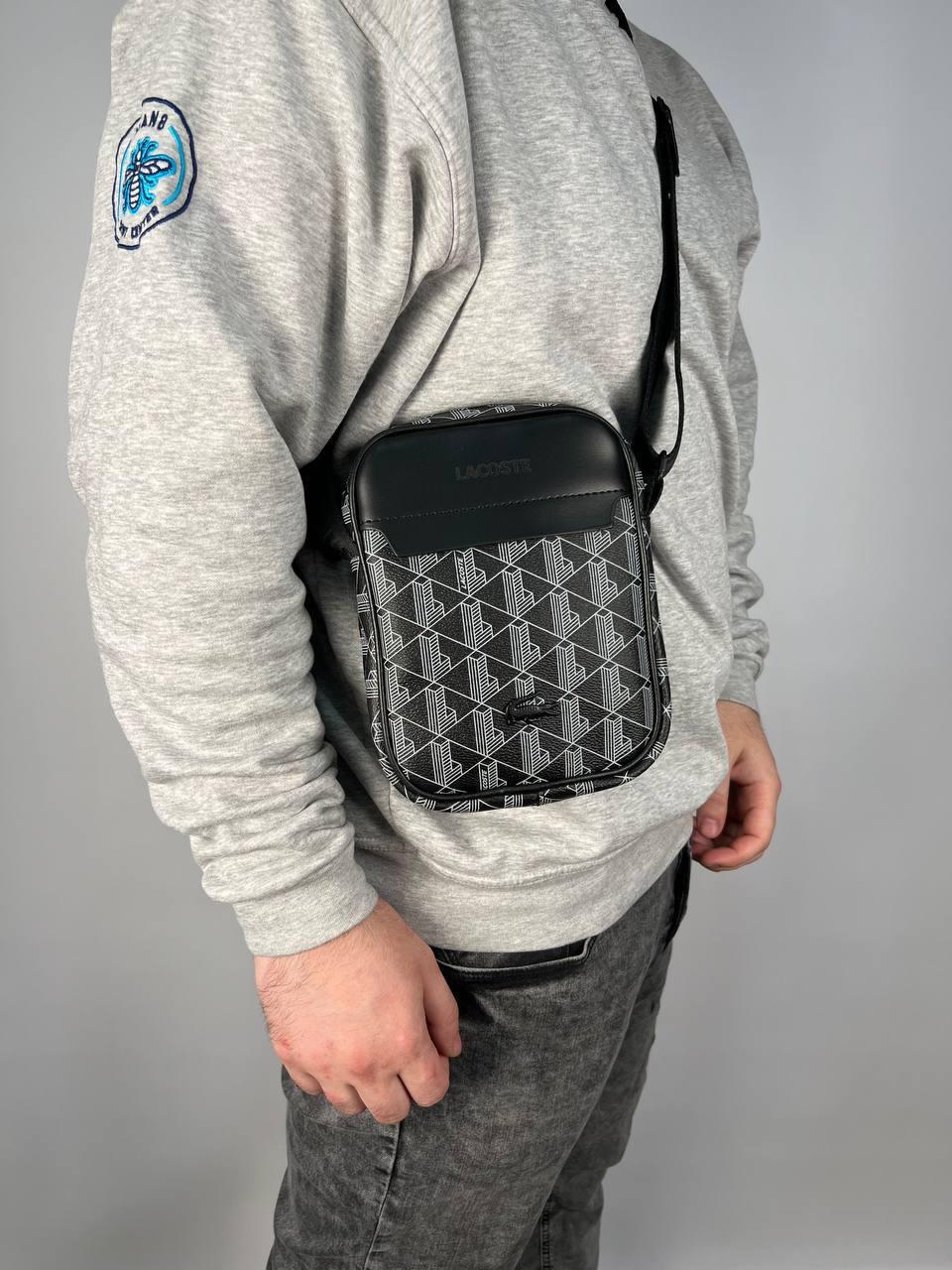 Чоловіча сумка Lacoste лакоста еко-шкіра через плече ділова сумка чорна на щодень Мінісумка планшет, фото 1