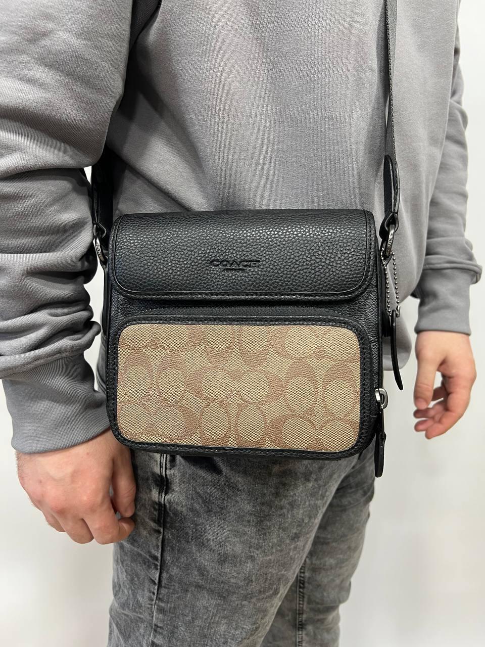 Чоловіча сумка через плече класична щоденна Coach шкіряна через плече коричнево-сіра ділова сумка, фото 1