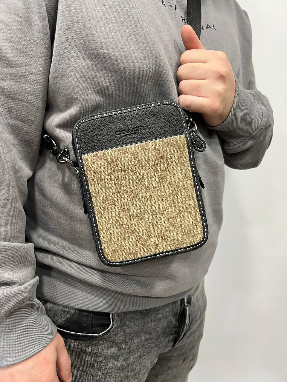 Чоловіча сумка через плече класична щоденна Coach шкіряна через плече помаранчево-сірий ділова сумка, фото 1