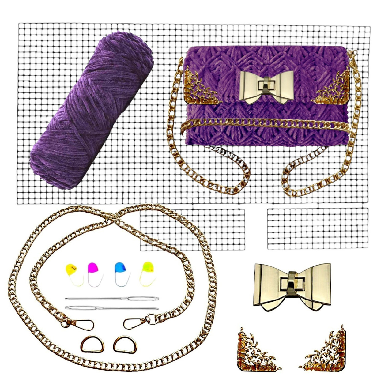 Канва+Замок Бантік+ Нитки темно фіолетовий+Куточки для клапана №1 + Ручка-ланцюжок колір золото Набір для сумки з канви, фото 1