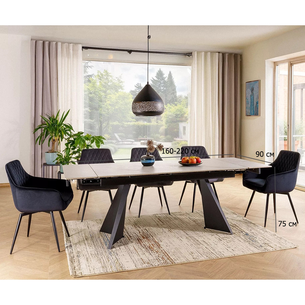 Стіл обідній Laconi160-220х90 см під білий мармур із 5 чорними поворотними стільцями у сучасному стилі, фото 1