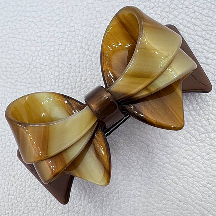 Шпилька автомат для волосся елегантний бантик коричневого кольору з перламутром довжина 9 см висота 3 см, фото 1