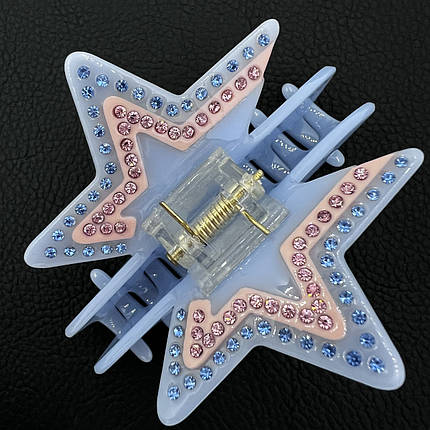 Краб для волосся пластик акрил міцний глянсовий блакитний колір із зіркою в стразах розмір 4.5 см висота 9 см, фото 2