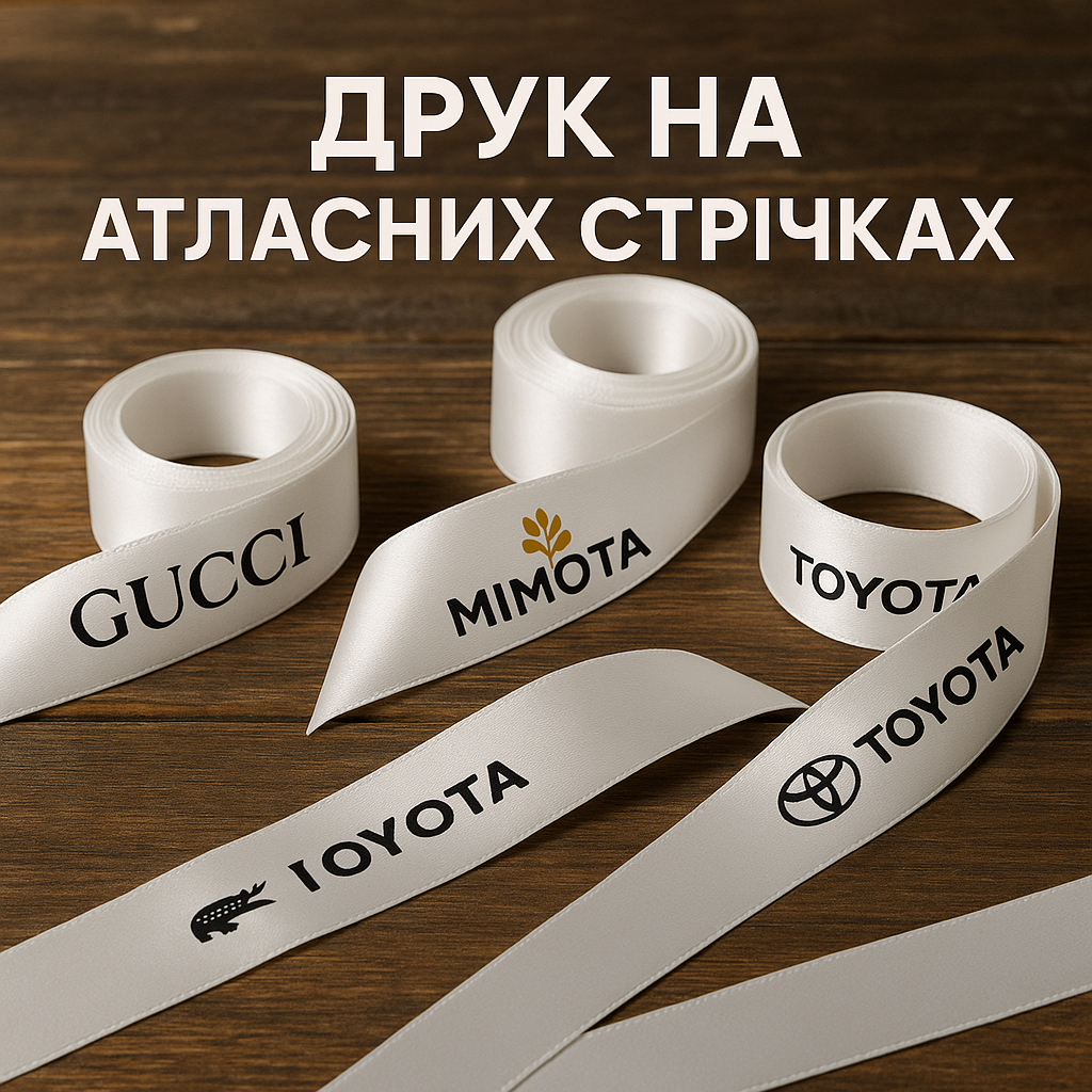 Друк і нанесення логотипів на атласній стрічці для бирок, складників і розмірників (тільки ОПТ від 100 шт.)