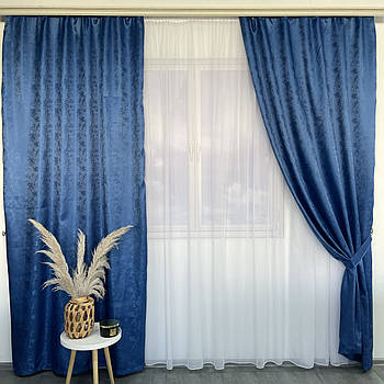 Штори жакардові "пісок" сині з білим шифоновим тюлем ALBO (SHTN-C33-16)