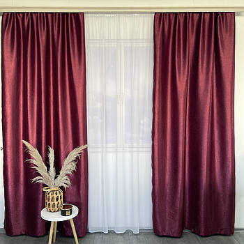 Штори софт-велюр блекаут бордові з білим шифоновим тюлем ALBO (SHTN-250-7)