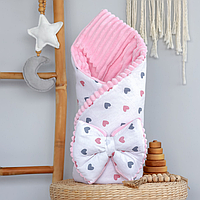 Конверт-плед зі з‘ємним утеплювачем для новонароджених 90×80 з бантом (Сердечка Рожевий)