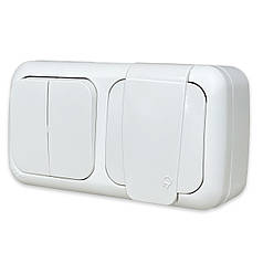 Вимикач двох клавішний і розетка із заземленням зовнішня Viko Palmiye (90555482)