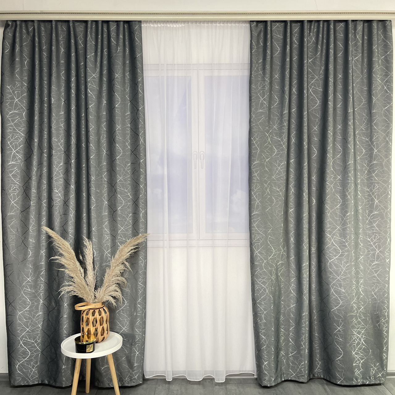 Штори льон "бите скло" темно-сірі з білим шифоновим тюлем ALBO (SHTN-M17-12), фото 1