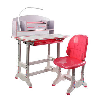 Парта учнівська дитяча зі стільчиком (лампа, полички, регульована висота та нахил) BL-18806 Рожева