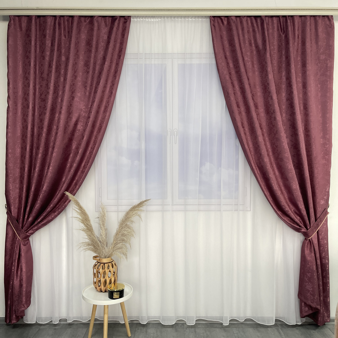 Штори жакардові "пісок" ALBO малинові 150×270 см, комплект 2 шт. (SH-C33-13), фото 1