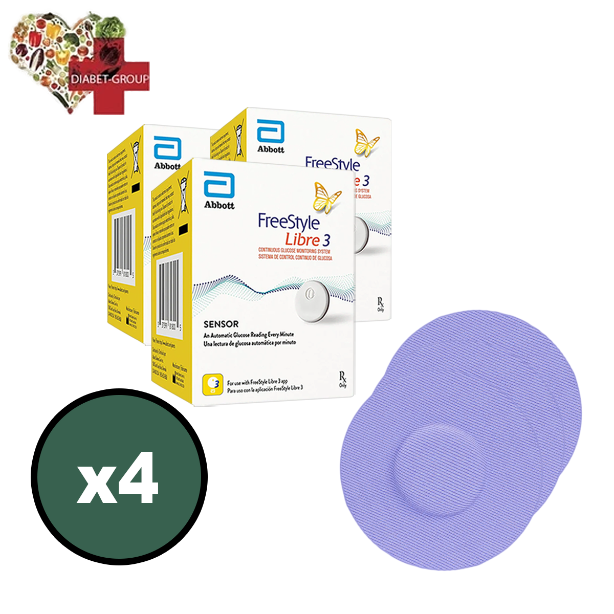Сенсор FreeStyle Libre 3 (Фристайл Либре 3) 4 уп. и 4 цветных тейпа в комплекте