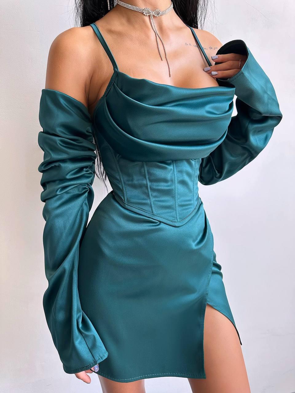 Коротке плаття двійка корсет на бретелях рукава зі складками та міні спідниця з драпіруванням (р. 42, 44) 66036143Е, фото 1