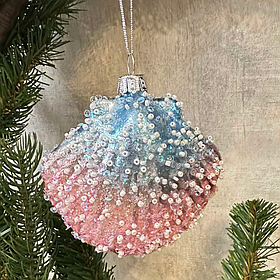 Ялинкова ретро прикраса зі скла Мушля з бісером 8.5см, колір - рожевий з блакитним