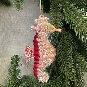 Ялинкова ретро прикраса зі скла Морський коник з перлами та бісером 13.5, колір - кораловий