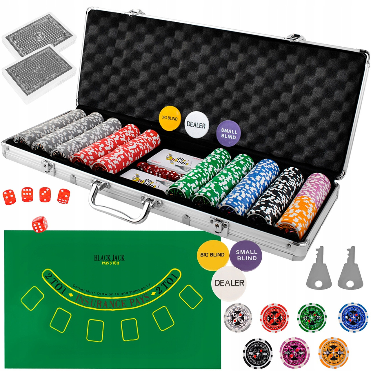 Набір для покеру Iso Trade 9538/23529, 500 жетонів, 2 колоди карт, кубики, килимок, алюмінієвий кейс, фото 1