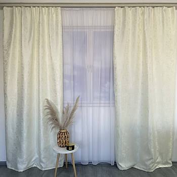 Штори жакардові "пісок" бежеві з білим шифоновим тюлем ALBO (SHTN-C33-1)