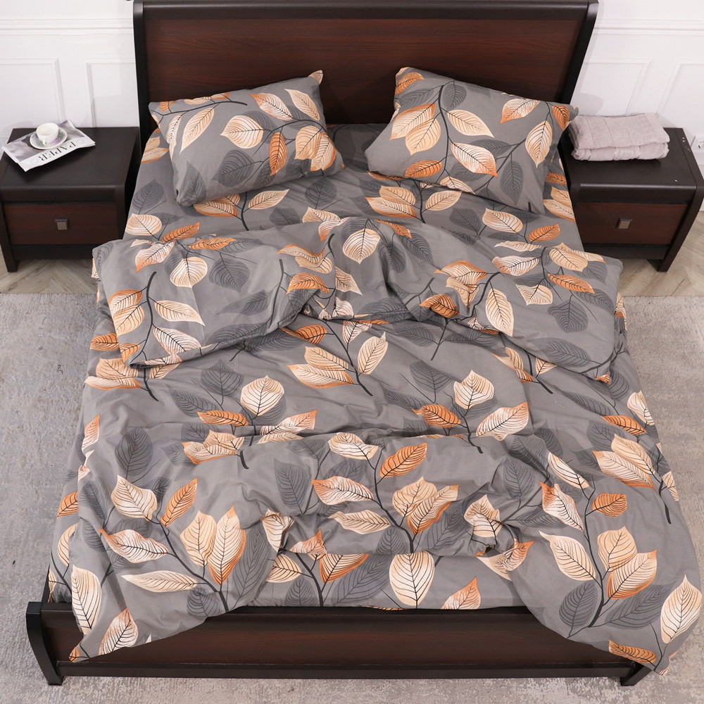 Полуторний набір постільної білизни сірого кольору з принтом листочки 150*220 з Бязі "Gold" №158207 Черешенька™