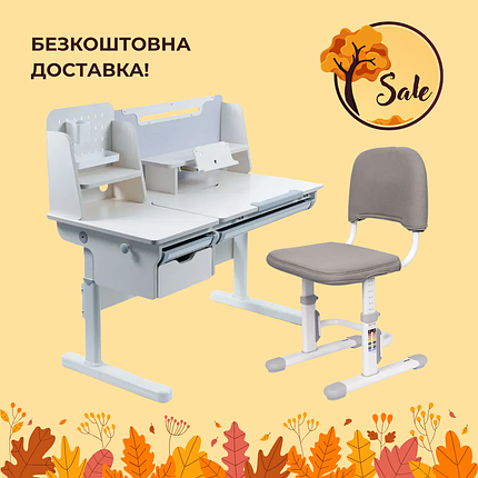 Комплект зростаюча парта стіл-трансформер з надбудовою Cubby Ammi Grey + дитячий стілець FunDesk SST3D Grey для школяра, фото 1