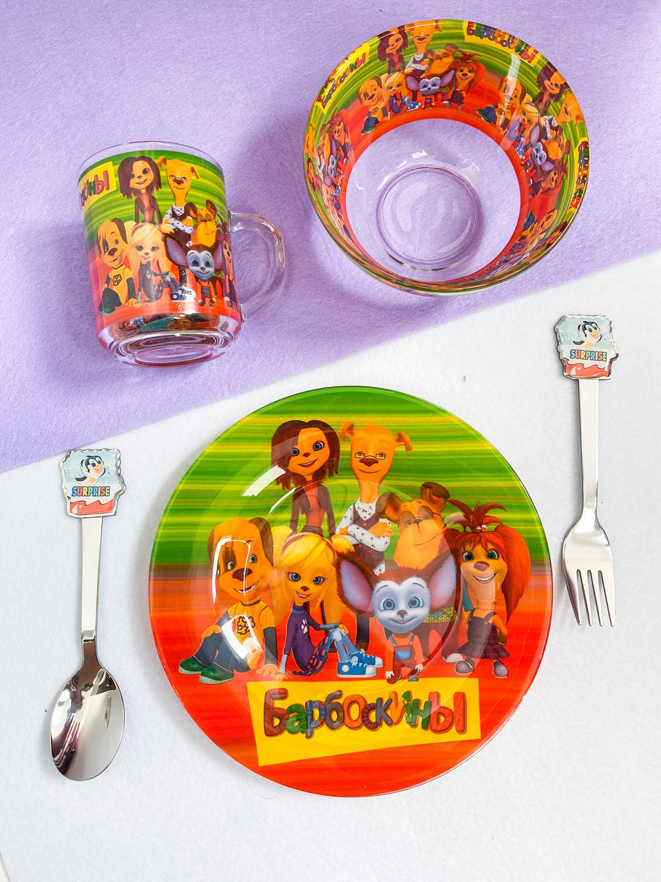 

Набор стеклянной детской посуды со столовыми приборами "барбоскины", Желтый