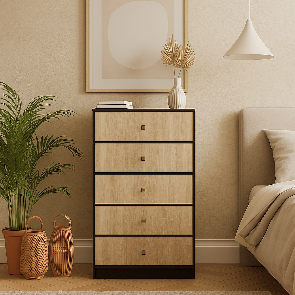 Високий комод 5 шухляд для речей і білизни в спальню 60 см Фантазія Мебель Сервіс венге дуб сонома